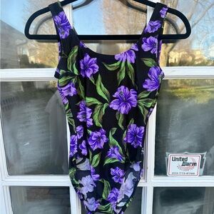 VTG One Piece Low Back Bathing Suit in Black, Purple, & Green